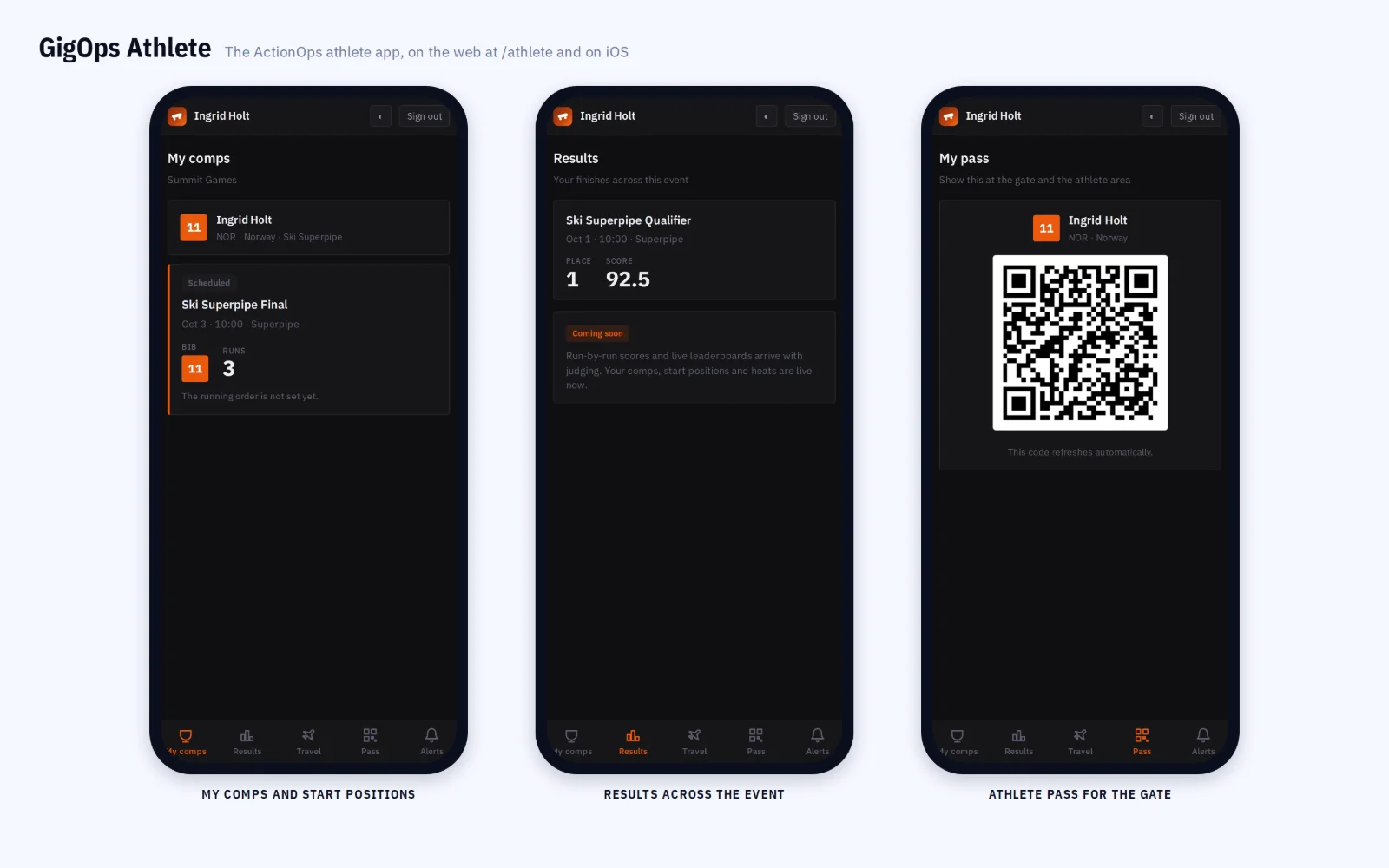 GigOps Athlete on three phones: my comps, live place and runs, and the live leaderboard
