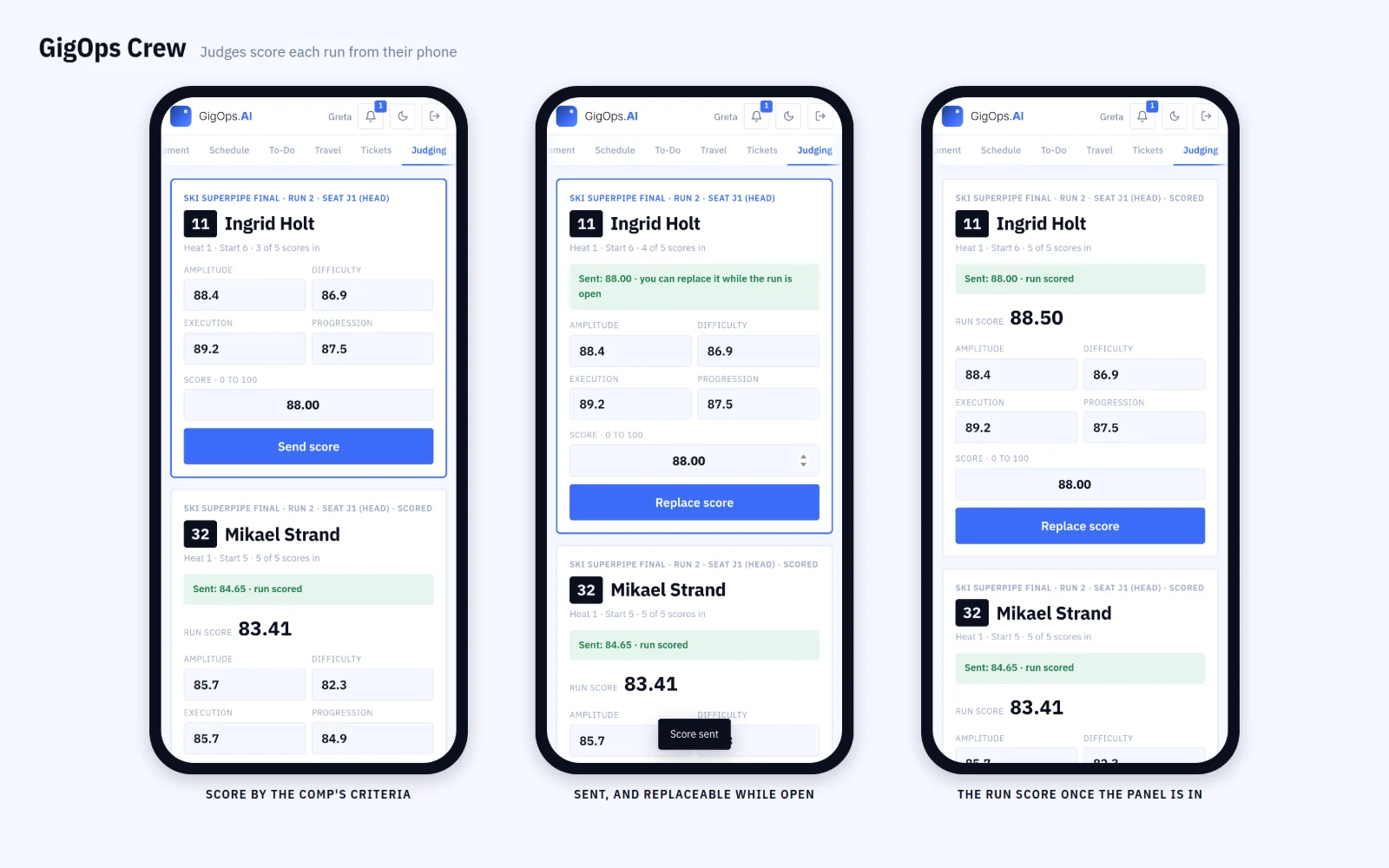 GigOps Crew on three phones: a judge enters the criteria, sends the score and sees the run score