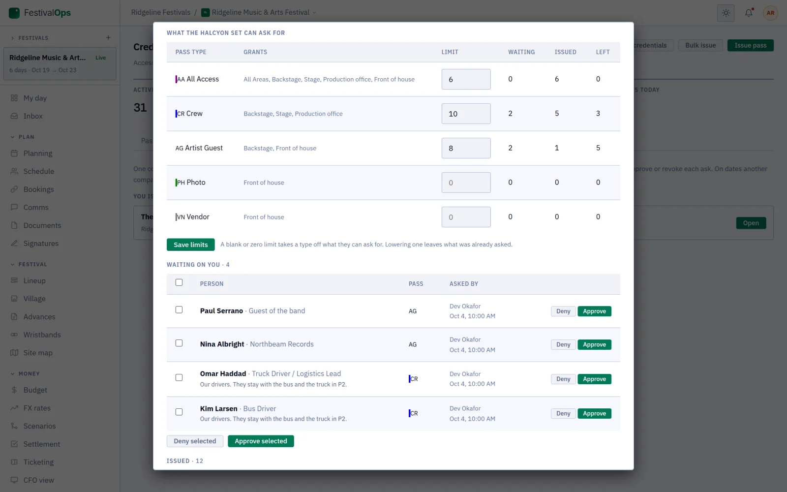 Credential requests between companies on one date: what was asked for, approved, denied and revoked