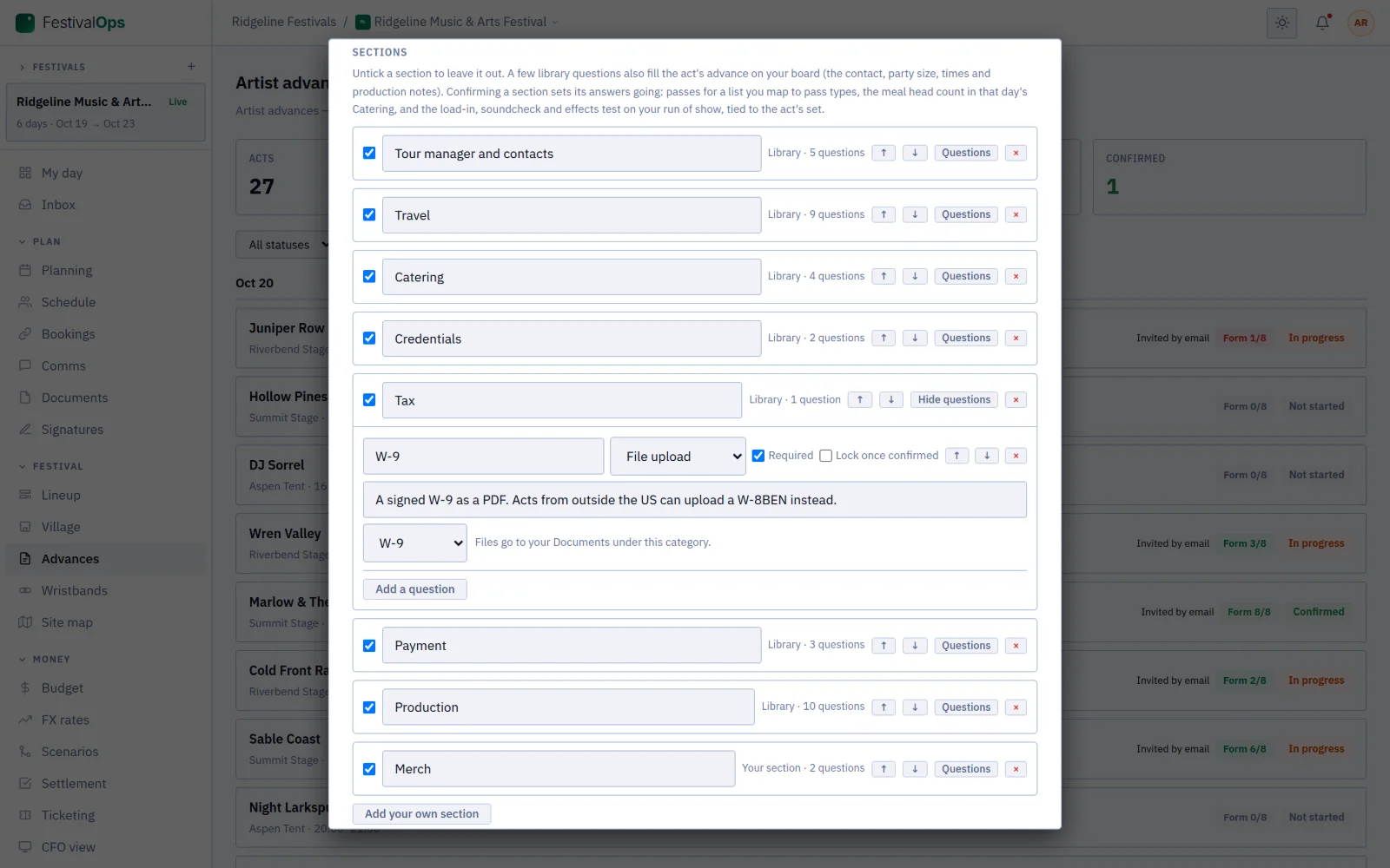 The advance form builder: sections from the library, question types and the due date for the acts on a lineup