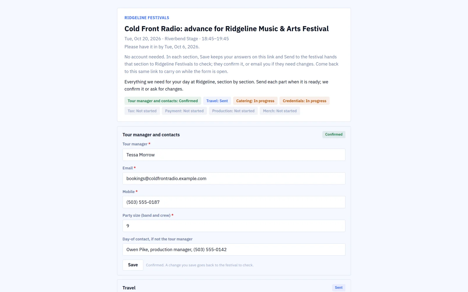 An act’s advance form on its private link, with each section’s status