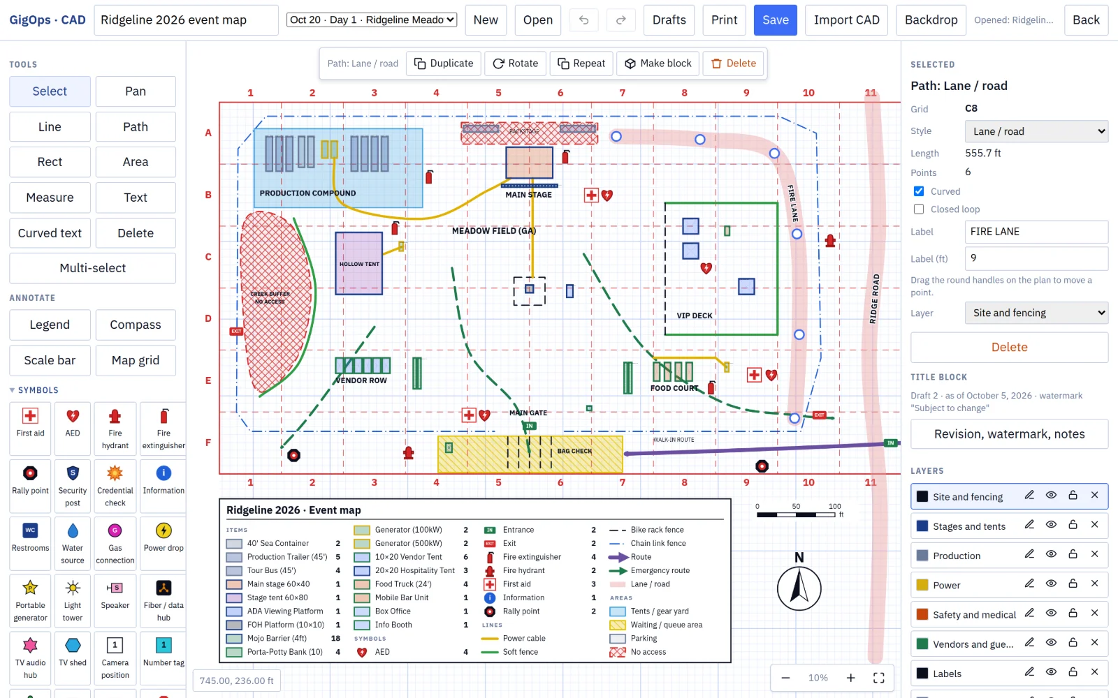 CAD event map with fences, power, emergency routes, safety symbols, map grid and legend