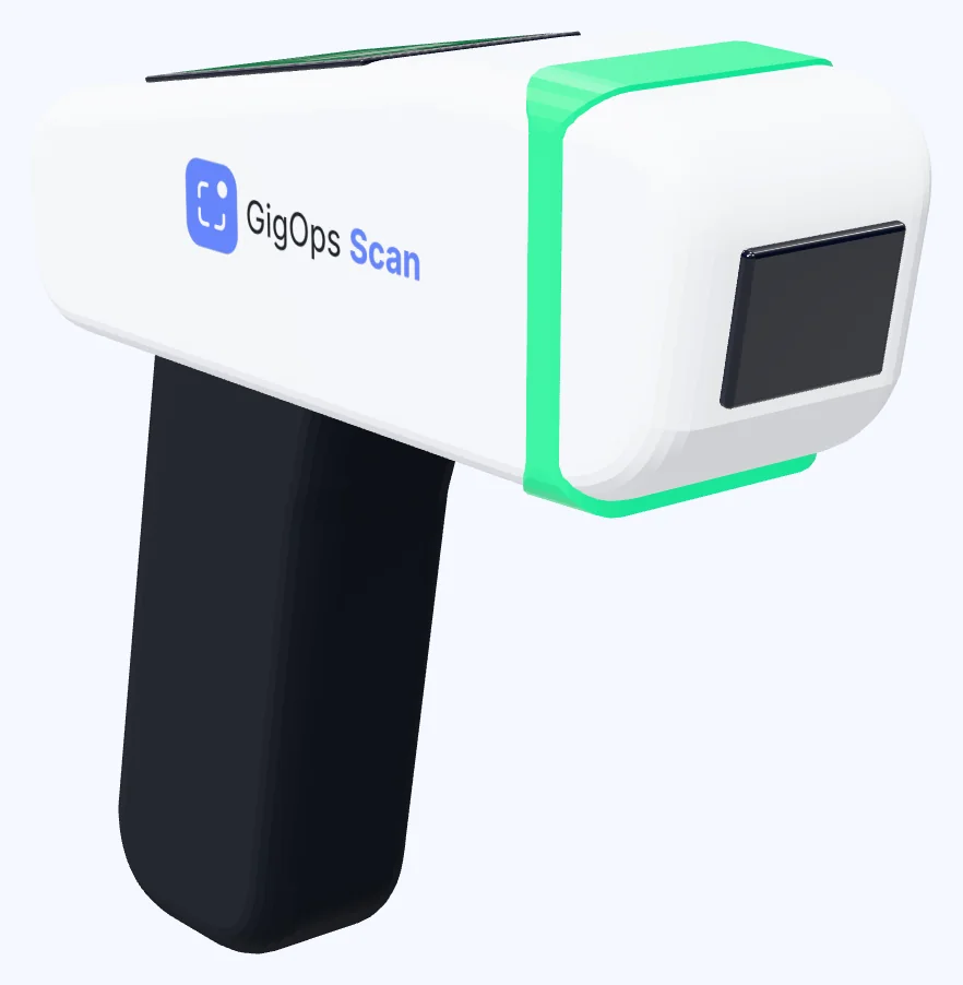 The GigOps Scan S1: a white gate scanner with a black pistol grip and a green ring of light around the scan window.