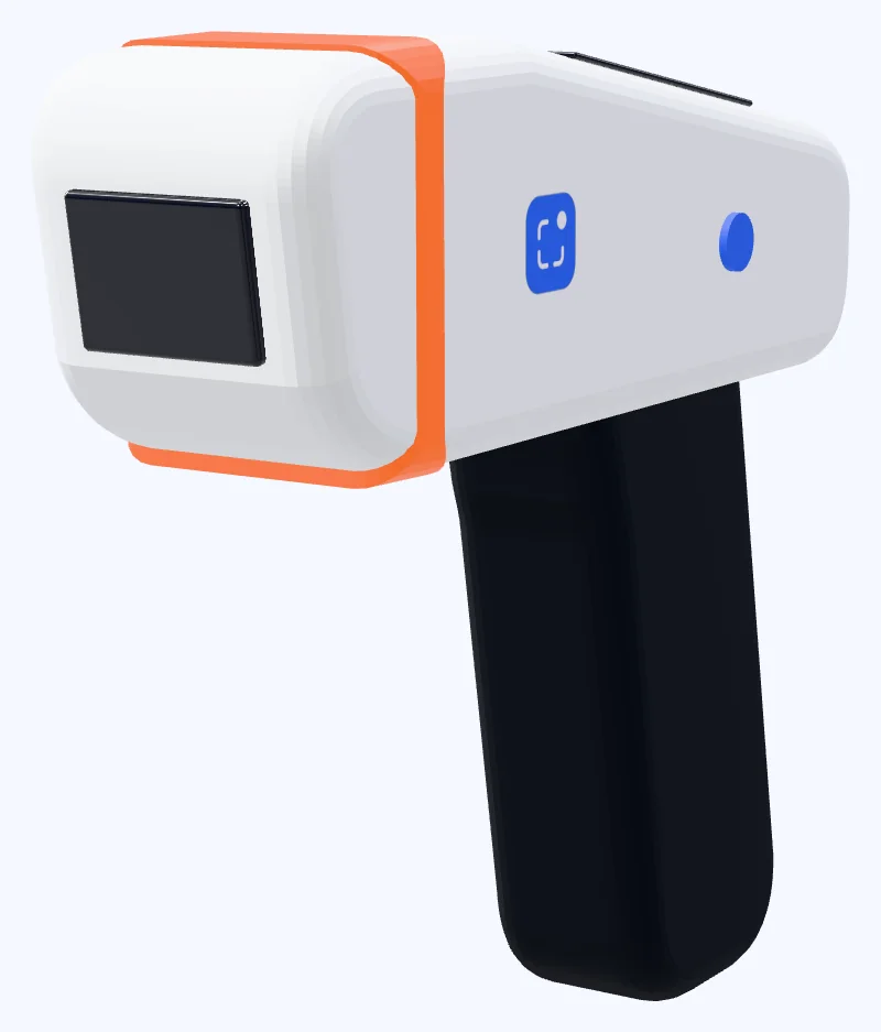 The S1 head on, the scan window dark and the ring of light around it lit orange for a pass that was refused.