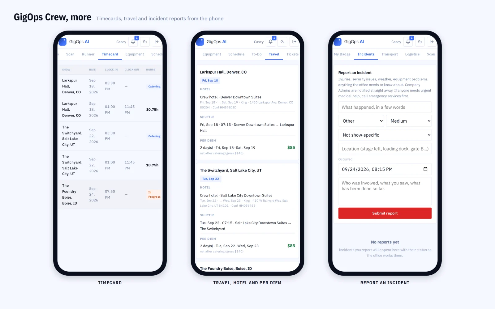 GigOps Crew on a phone: a crew member’s travel for the day beside their timecard and an incident report