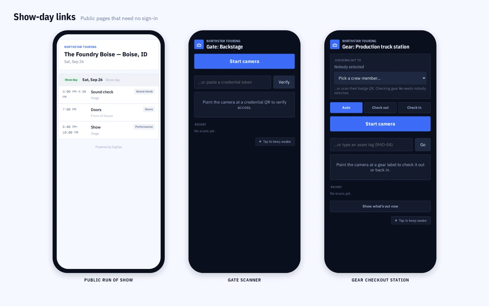 Public schedule, the no-login web gate page, and a gear checkout station