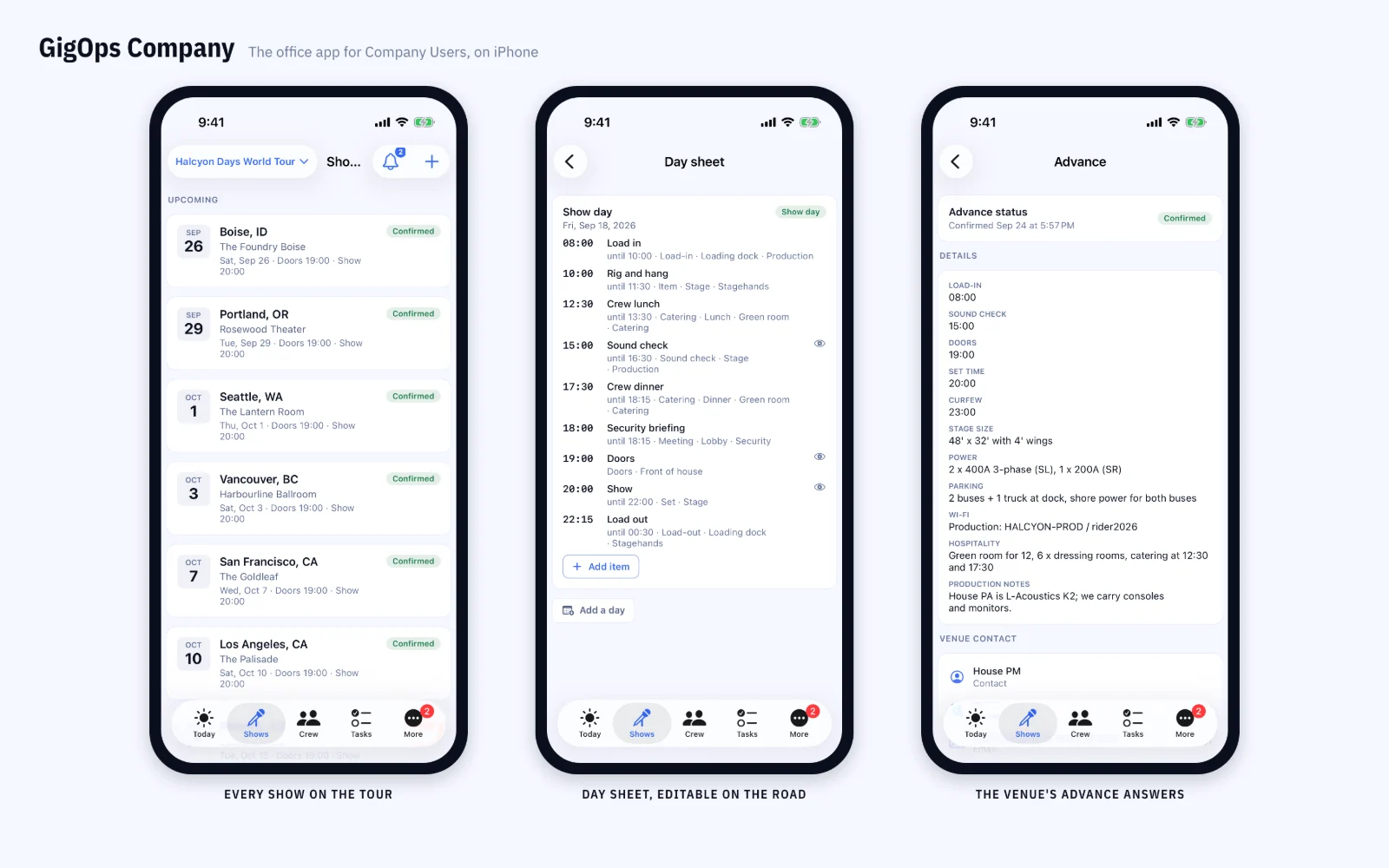 GigOps Company on three iPhones: the tour’s upcoming shows, a show-day day sheet, the venue’s advance answers