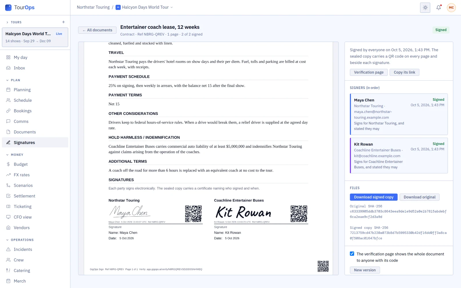 A sealed contract with a QR code beside each signature, the page footer with its reference, and the signers