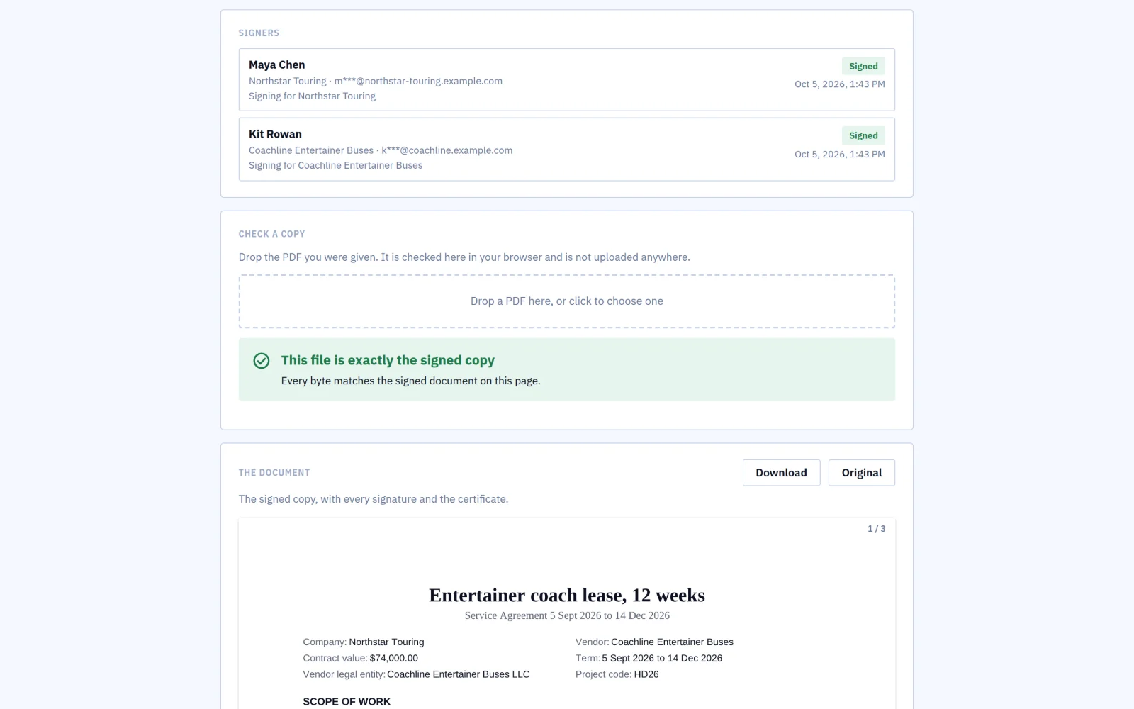The verification page after a copy is dropped on it: this file is exactly the signed copy