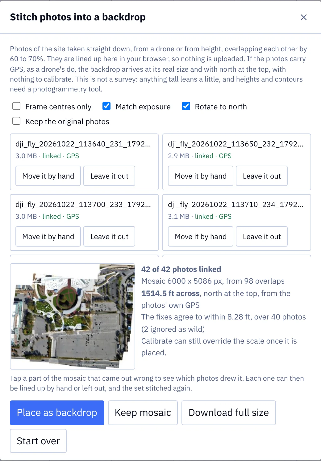 The stitch dialog: each photo listed as linked with GPS, and a result card reading 42 of 42 photos linked, mosaic 6000 by 5086 pixels from 98 overlaps, 1514.5 ft across, north at the top, the fixes agreeing to within 8.28 ft over 40 photos with 2 ignored as wild