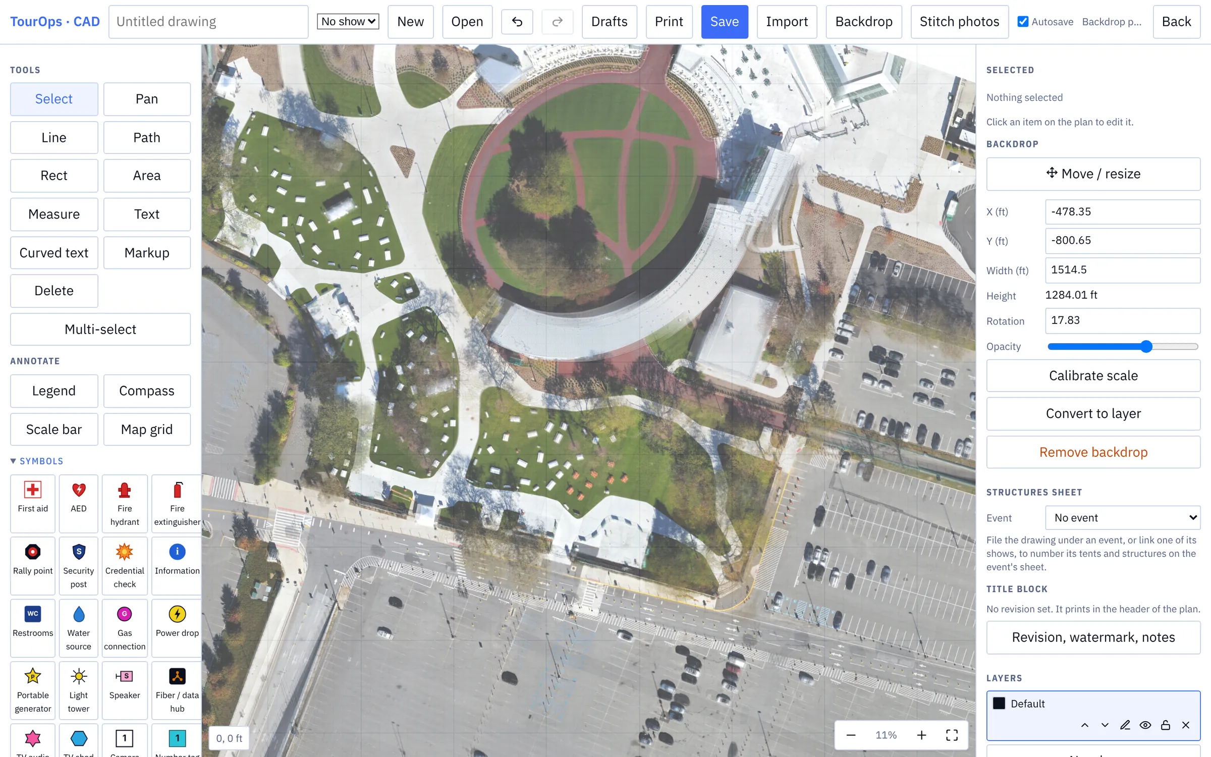 A stitched aerial of a paddock, lawns, plaza and car parks filling the CAD canvas, with the backdrop panel reading 1514.5 ft wide by 1284.01 ft and turned 17.83 degrees so north is up