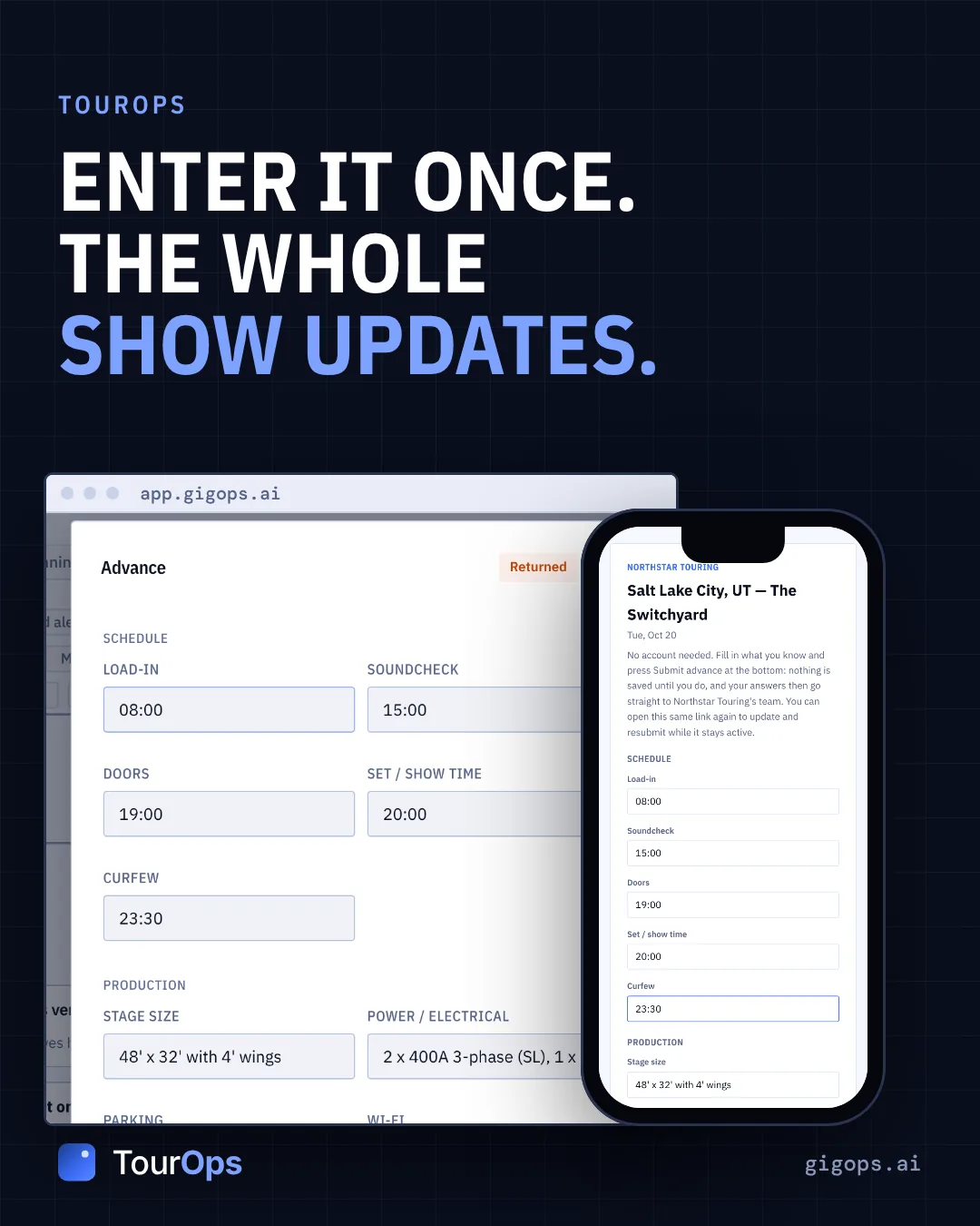 A TourOps post: the advance open on app.gigops.ai beside the venue’s own copy of it on a phone, with the load-in, soundcheck, doors and curfew times filled in.