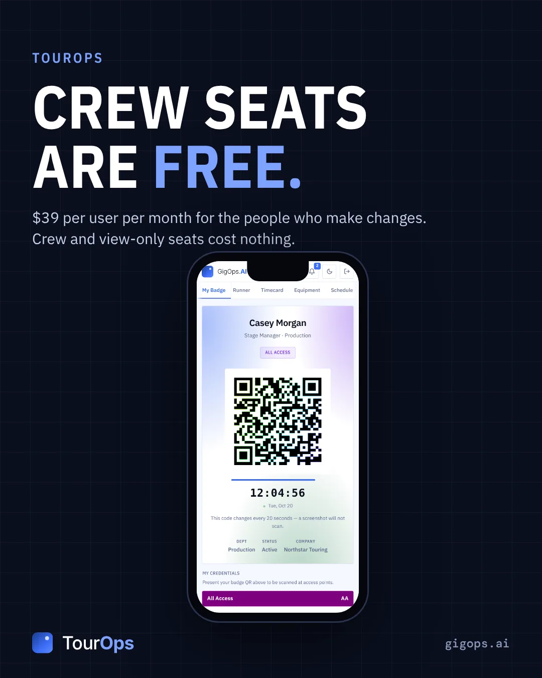 A TourOps post: a crew member’s badge in GigOps Crew on a phone, with the QR code that changes every 20 seconds, their department, status and company.