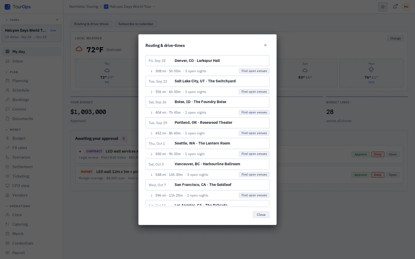 Routing with drive times, and open venues on the route