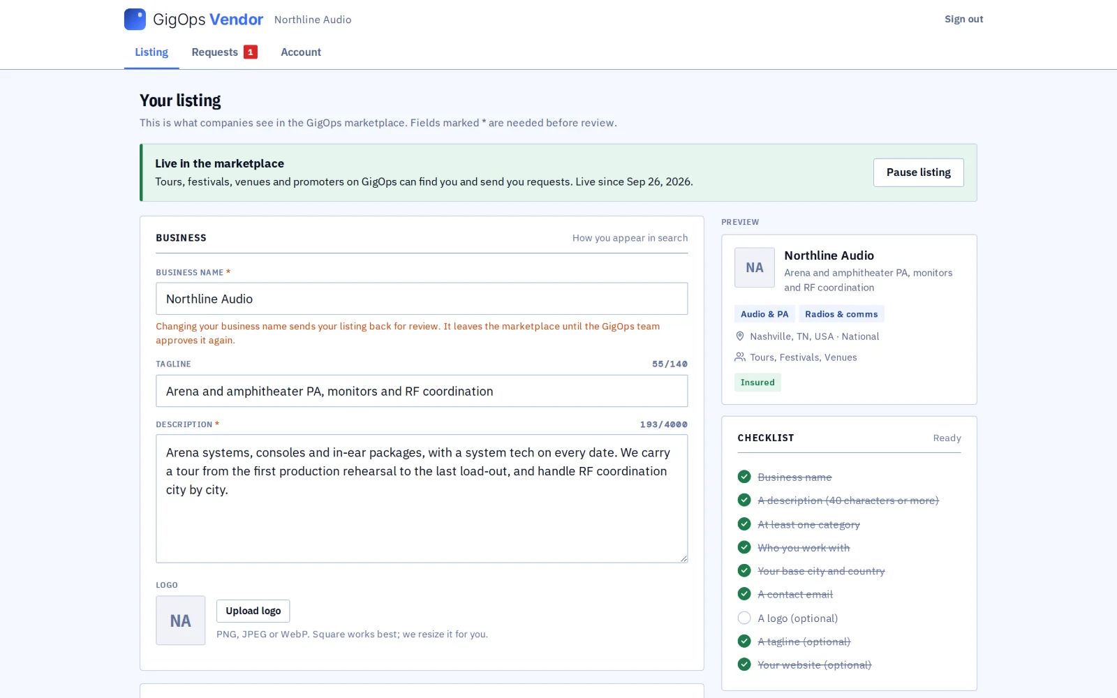 A vendor's listing in GigOps Vendor: live in the marketplace, with the edit form, a preview of the card and a finished checklist.