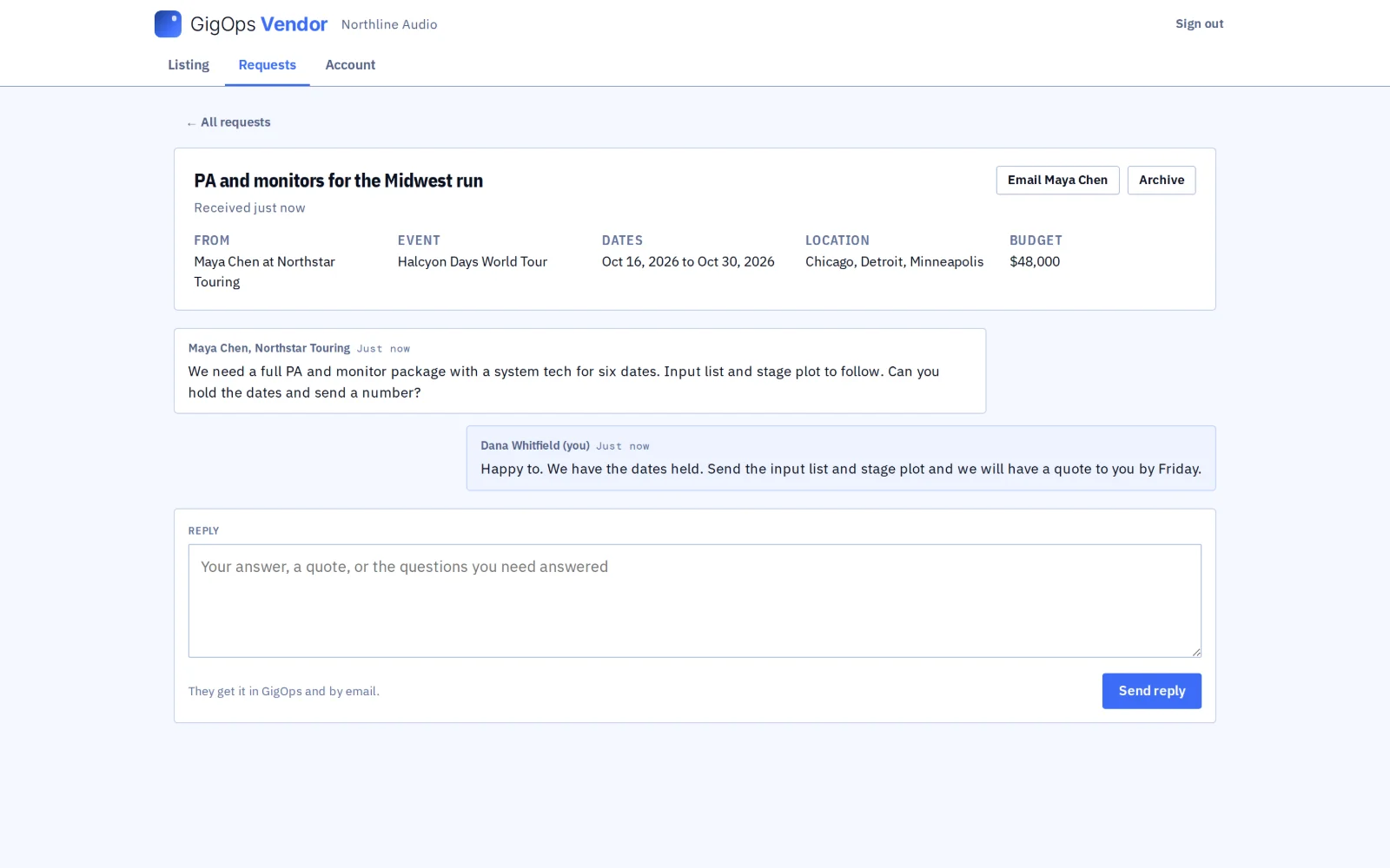 A request in GigOps Vendor from a touring company, with the event, dates, location and budget, and the vendor's reply.