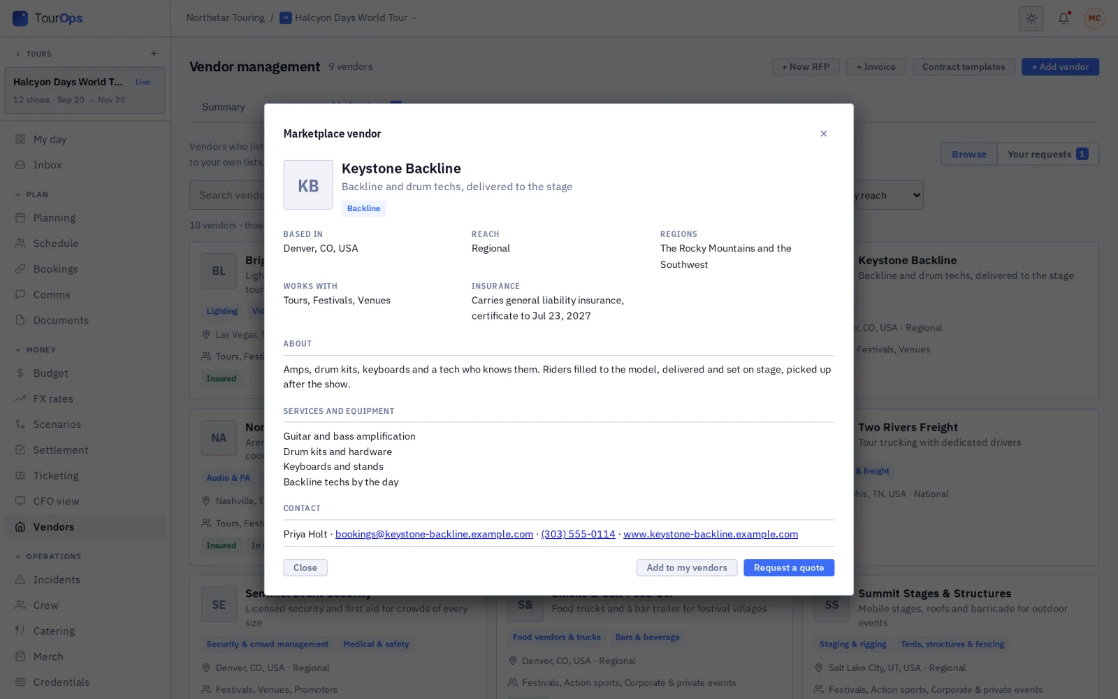 A vendor's profile in the GigOps marketplace, with Add to my vendors and Request a quote.