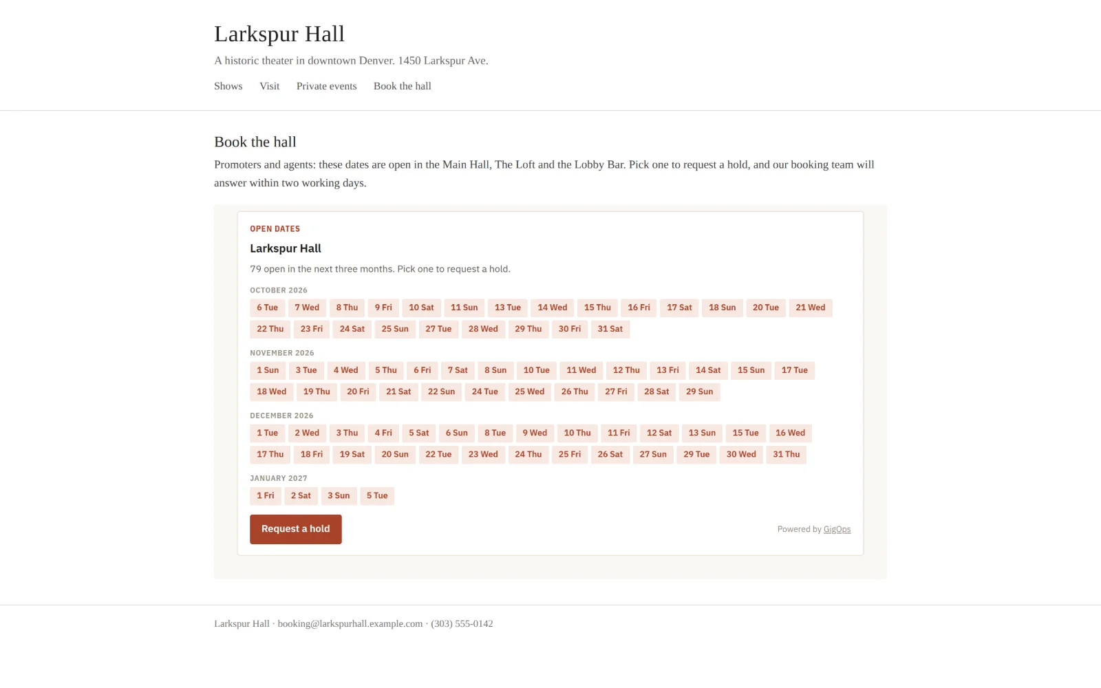Open dates embedded on a venue’s own website