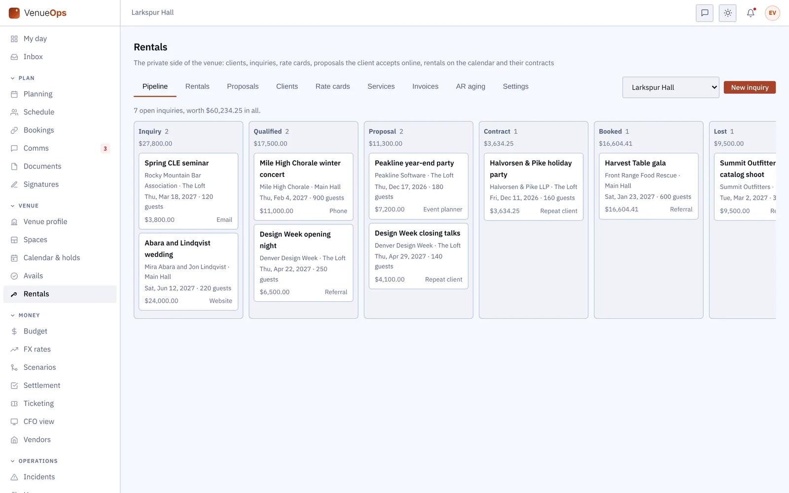 The rentals pipeline: inquiries by stage, from inquiry to booked, each with its client, room, date, guests and value