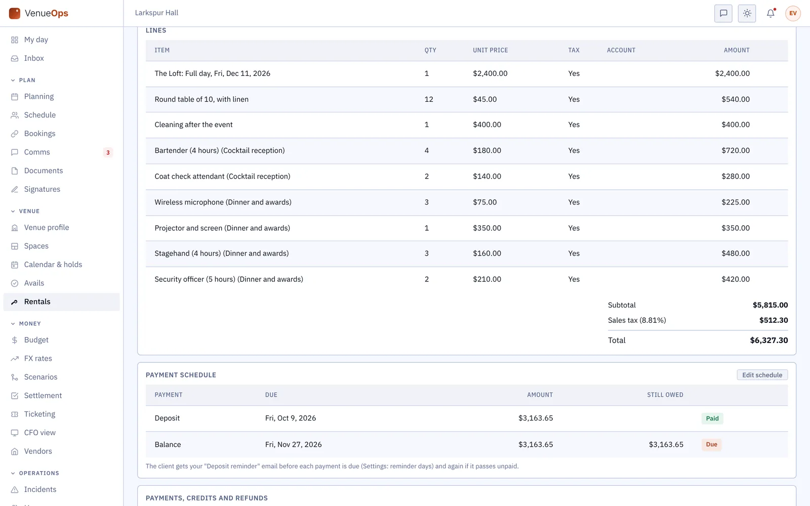 A rental invoice: lines from the proposal and the orders, the sales tax, and a deposit paid with the balance due